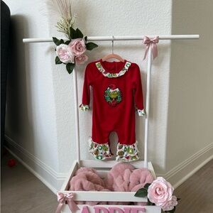 Festive Red Christmas The Grinch Long Sleeve Baby Romper with Christmas Design
